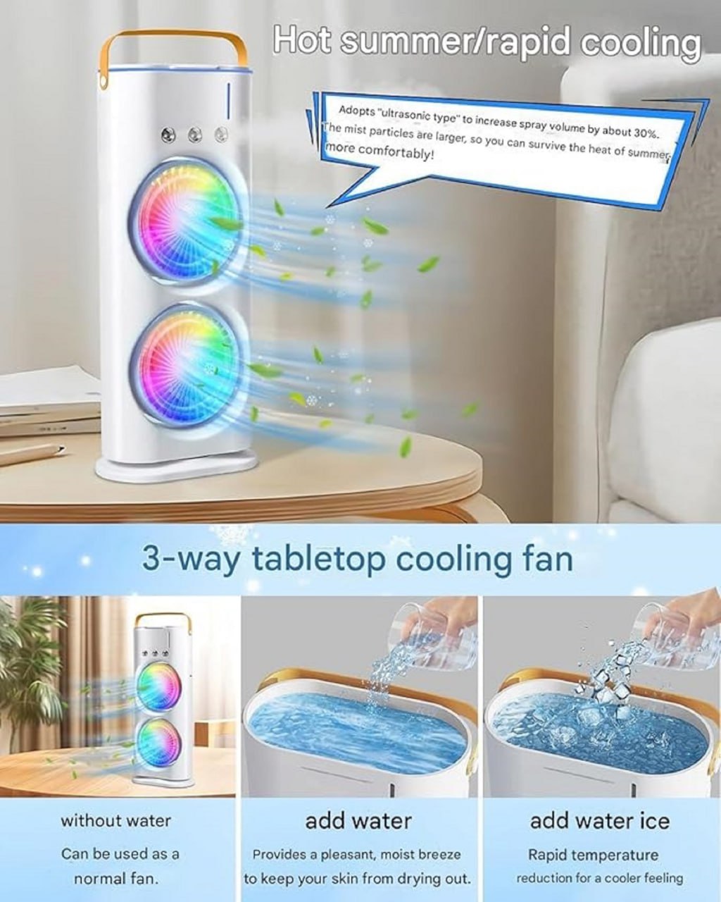 Double End Air Cooler Mist Fan with LED Light | Portable Air Conditioner Fan
