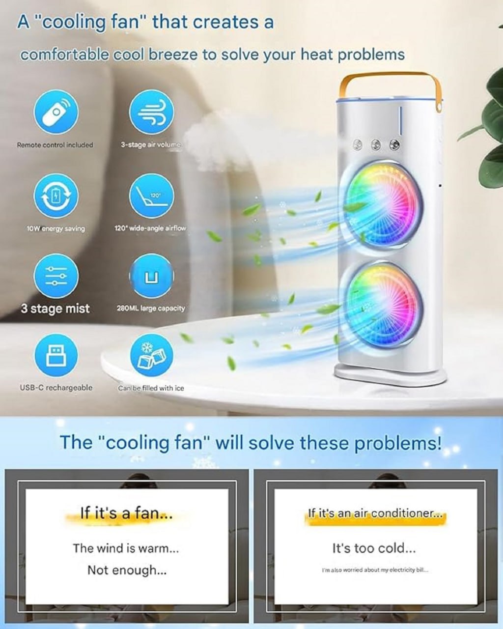 Double End Air Cooler Mist Fan with LED Light | Portable Air Conditioner Fan