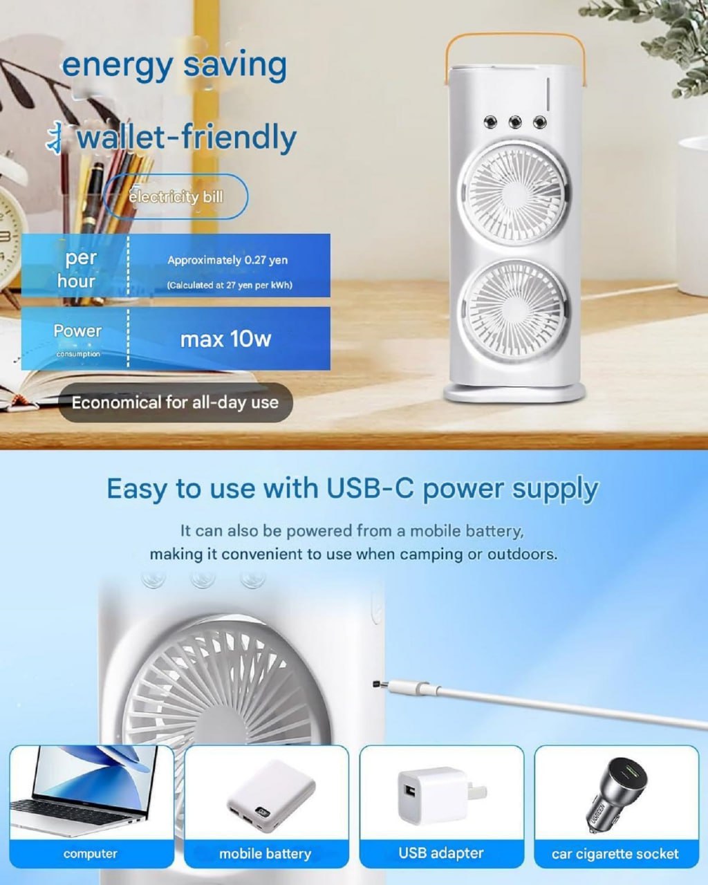 Double End Air Cooler Mist Fan with LED Light | Portable Air Conditioner Fan